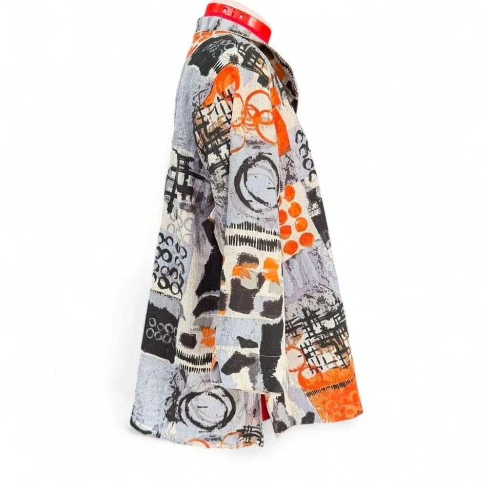 Ali Miles Art To Wear Orange &‎ Black Abstract Button Up Jacket Shirt